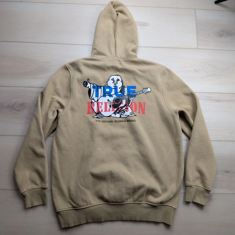 True Religion Buddha Logo Full Zip Up Hoodie Mens XL Tan Khaki Sweatshirt